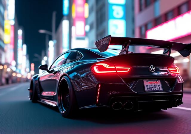 Sleek tuned sports car in urban Tokyo setting
